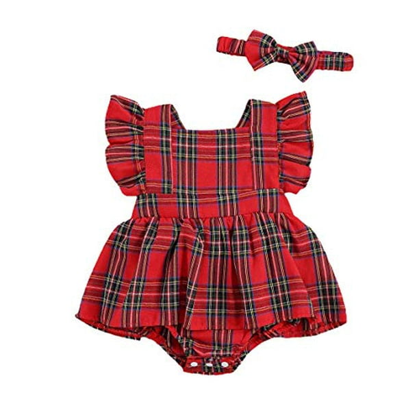 US Christmas Clothes Baby Girl Romper Plaids Ruffle Jumpsuit One Piece Clothes